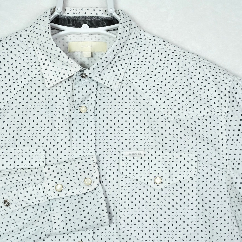 Diesel Mens White Geometric Diamond Print Western Pearl Snap Shirt Small S